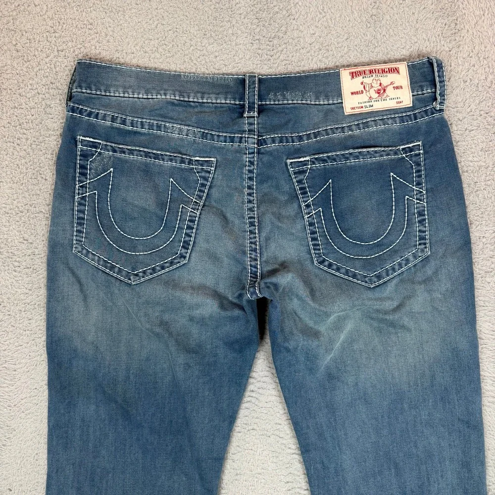 True Religion Section Slim Mens Jeans 40 Medium Wash White Contrast Stitch Blue